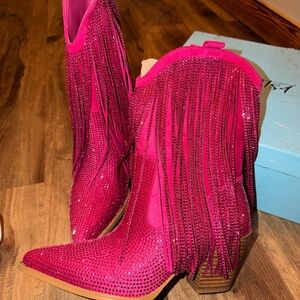 Dazzling Fuchsia Fringe Heeled Boots